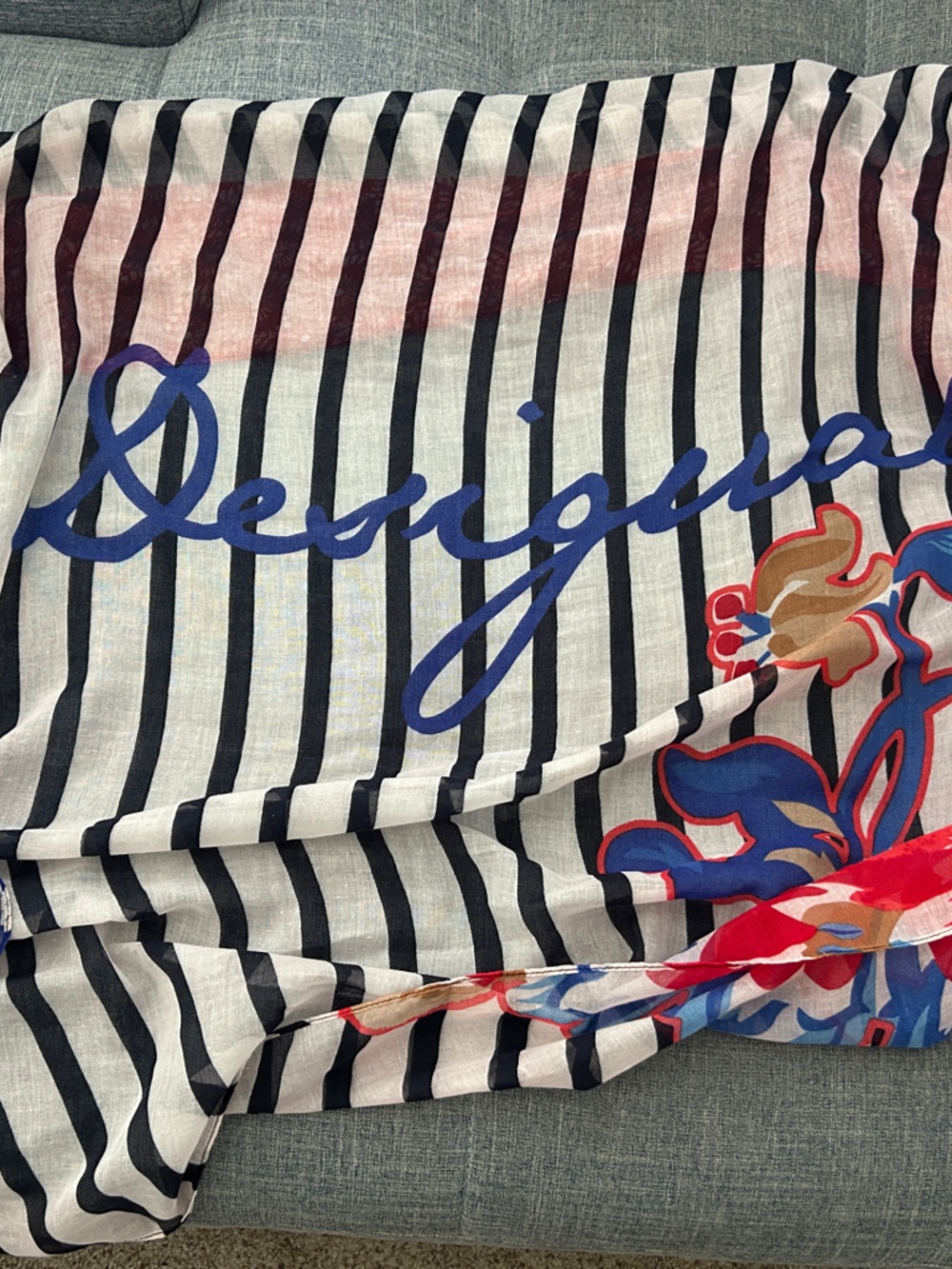 Desigual Red and Blue Floral-Striped Scarf